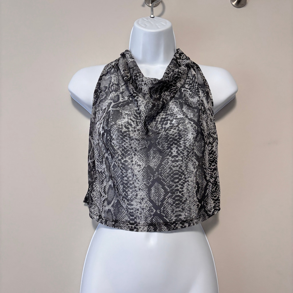 Shein Women's Large Black & White Snake Print Sheer Mesh Halter Crop Top NIB